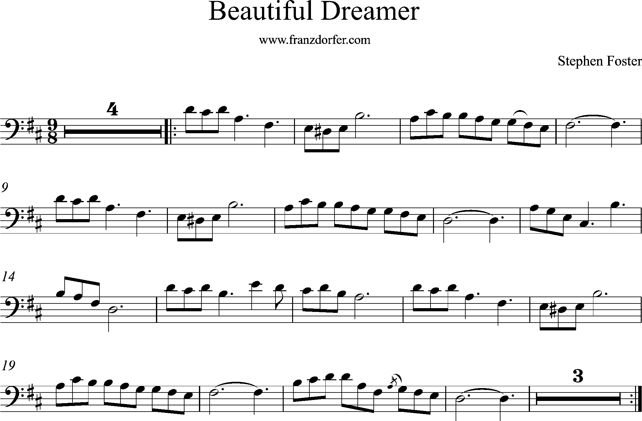 Cellonoten - Beautiful Dreamer, D-Dur